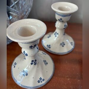 Set of two Petit Fleur blue and cream candle holders.